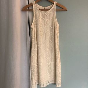 Geometric lace overlay white dress